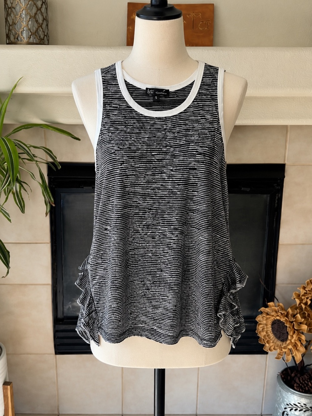 DG2 by Diane Gilman Black & White Striped Ruffle Tank